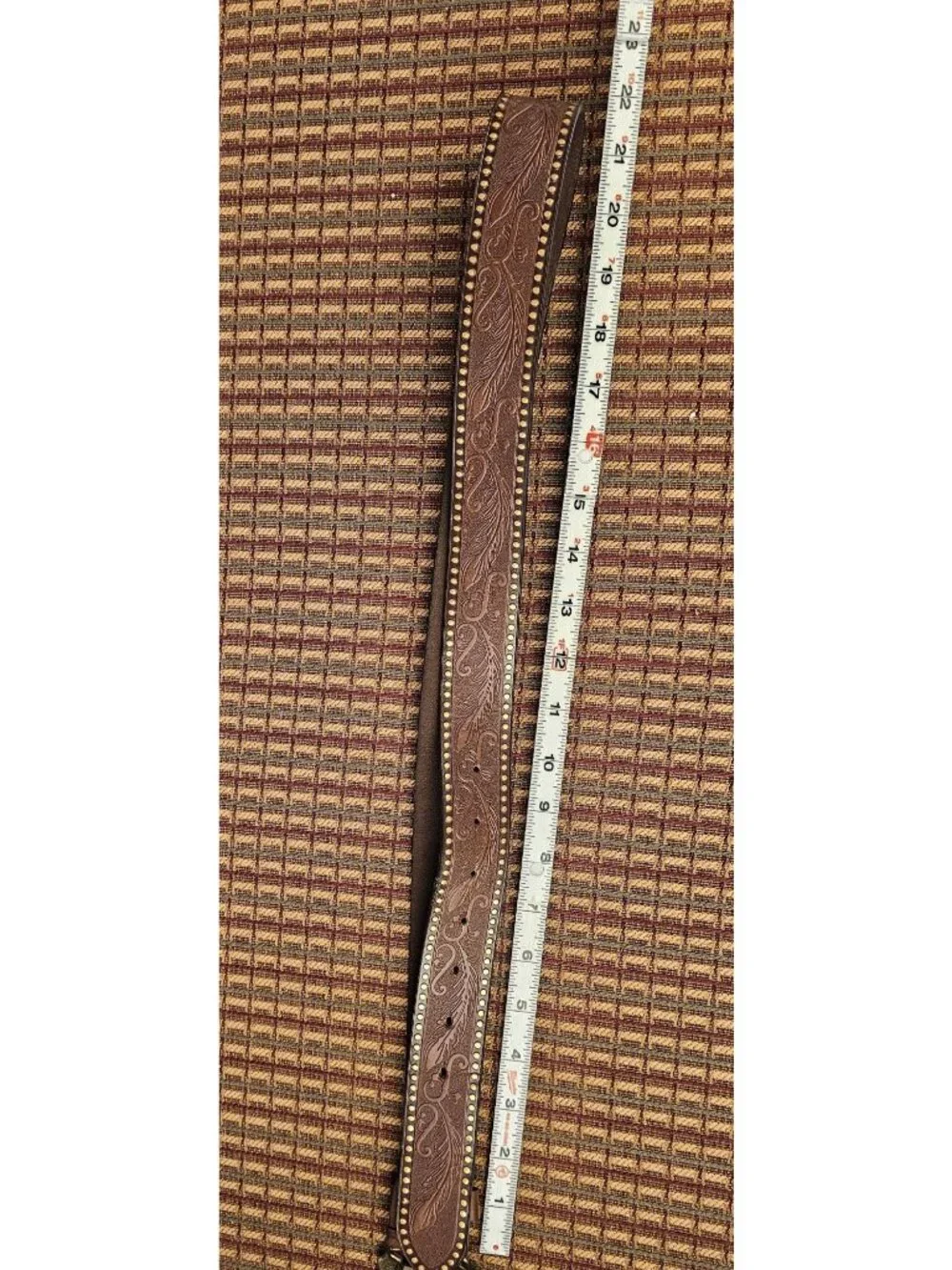 Vintage Western Leather Belt With Ornate Brass Buckle And Tooled Floral Design -